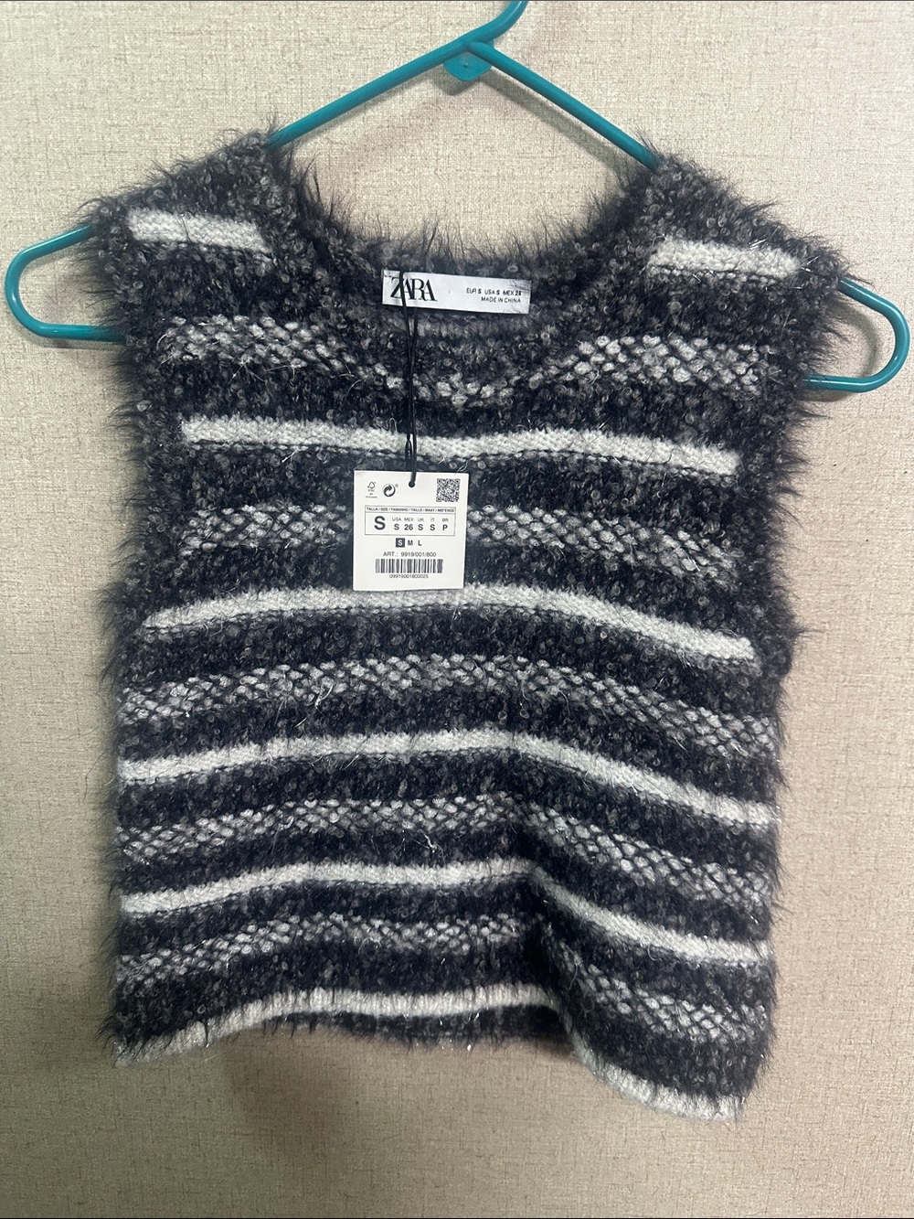 ZARA Black and White Fuzzy Striped Sweater Vest